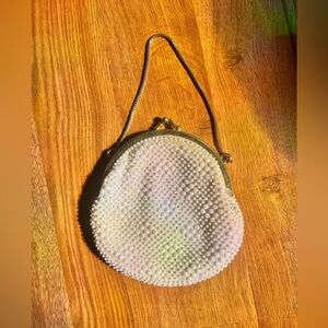 Vintage White Beaded  Purse Clutch with gold tone chain & Kiss clasp Art Deco